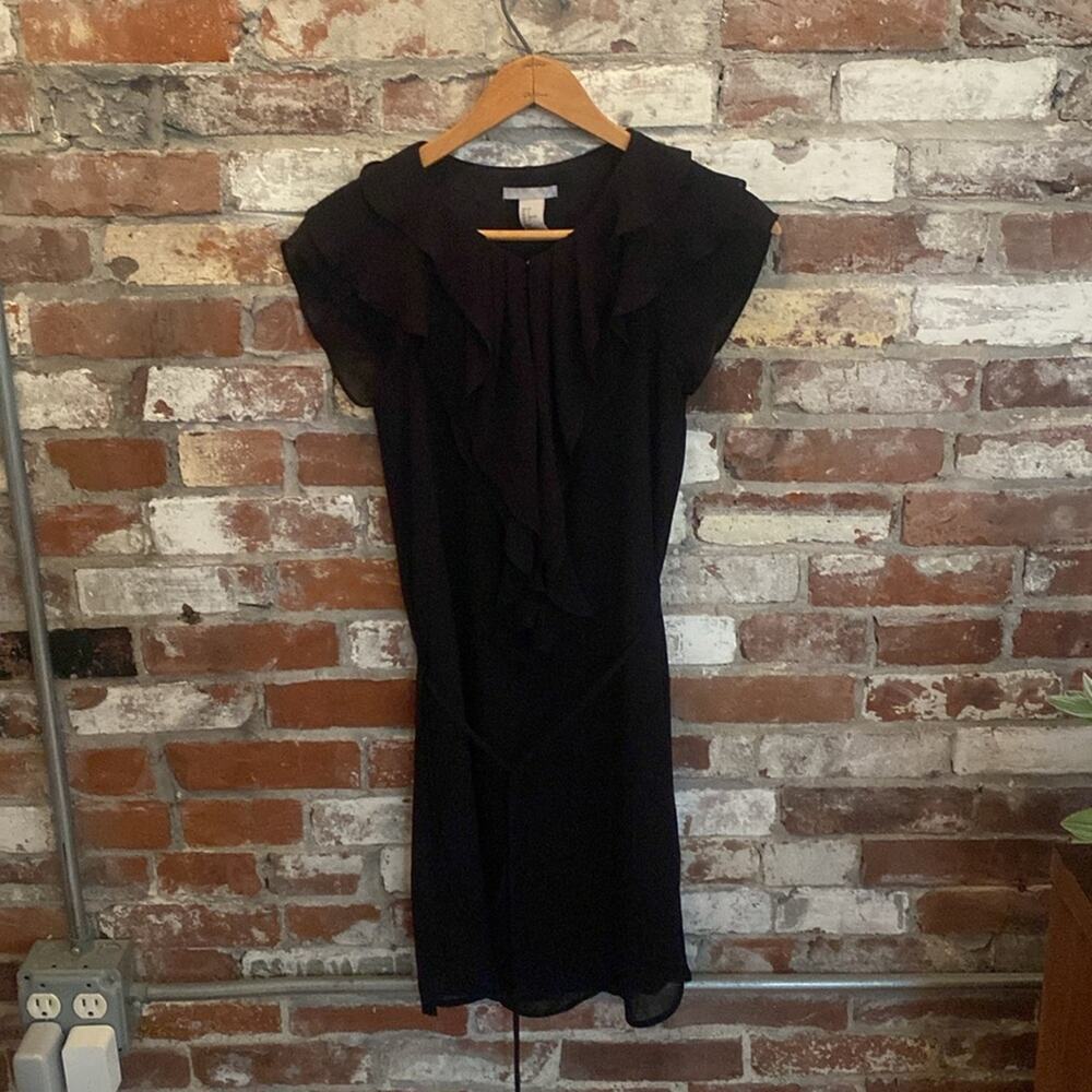 H&M Black Sheer Ruffle Deck & Sleeves Open Front Short String Belt Dress Size  2